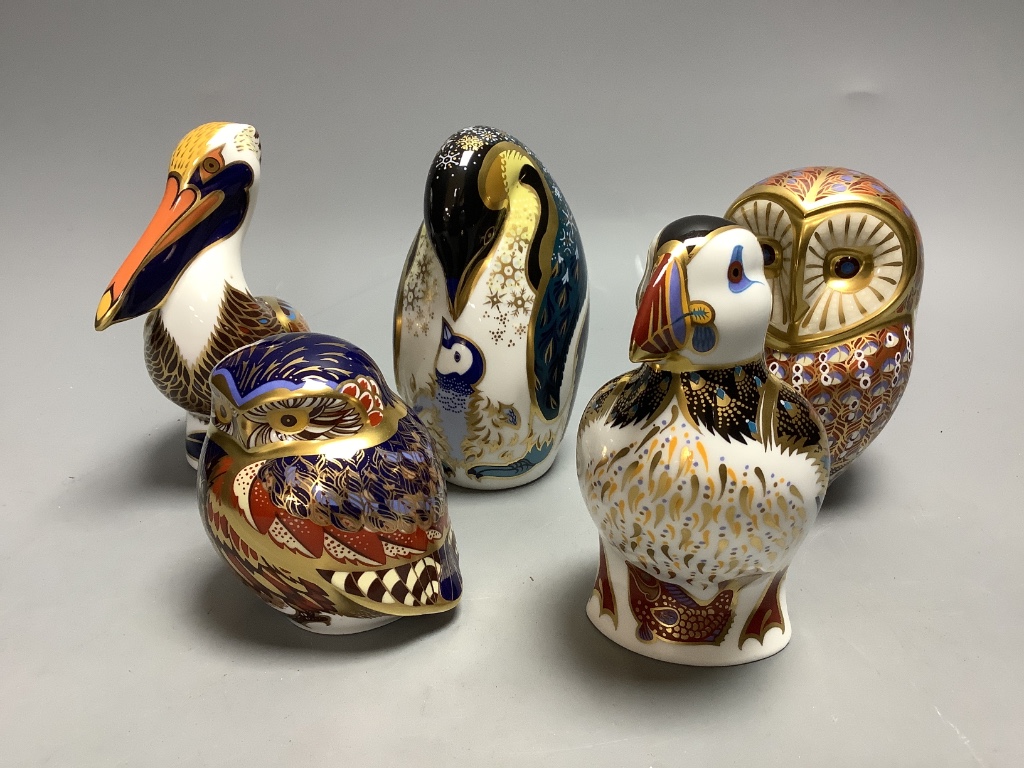 Five Royal Crown Derby bird paperweights, Barn Owl, Little Grey Owl, Aurora Mother Penguin, Puffin and Brown Pelican, tallest 13cm